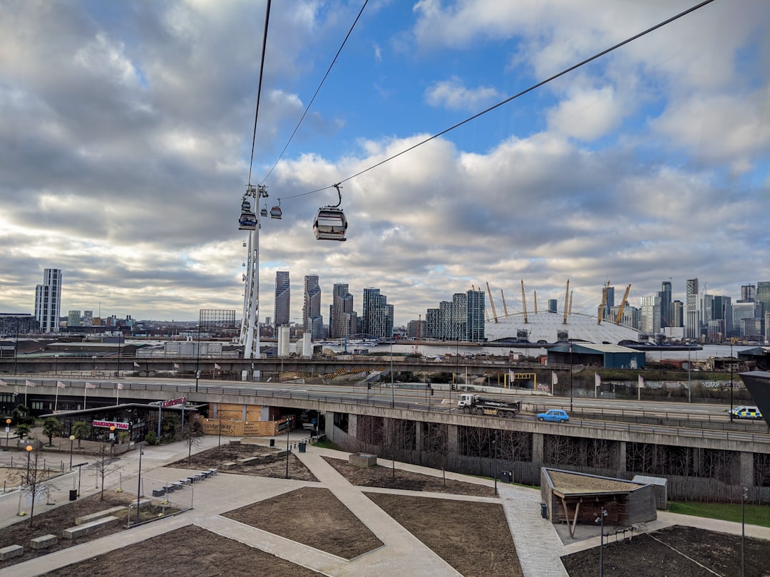 A cabin on the Emirates Air Line cable car crossing the Thames between Greenwich Peninsula and Royal Docks.