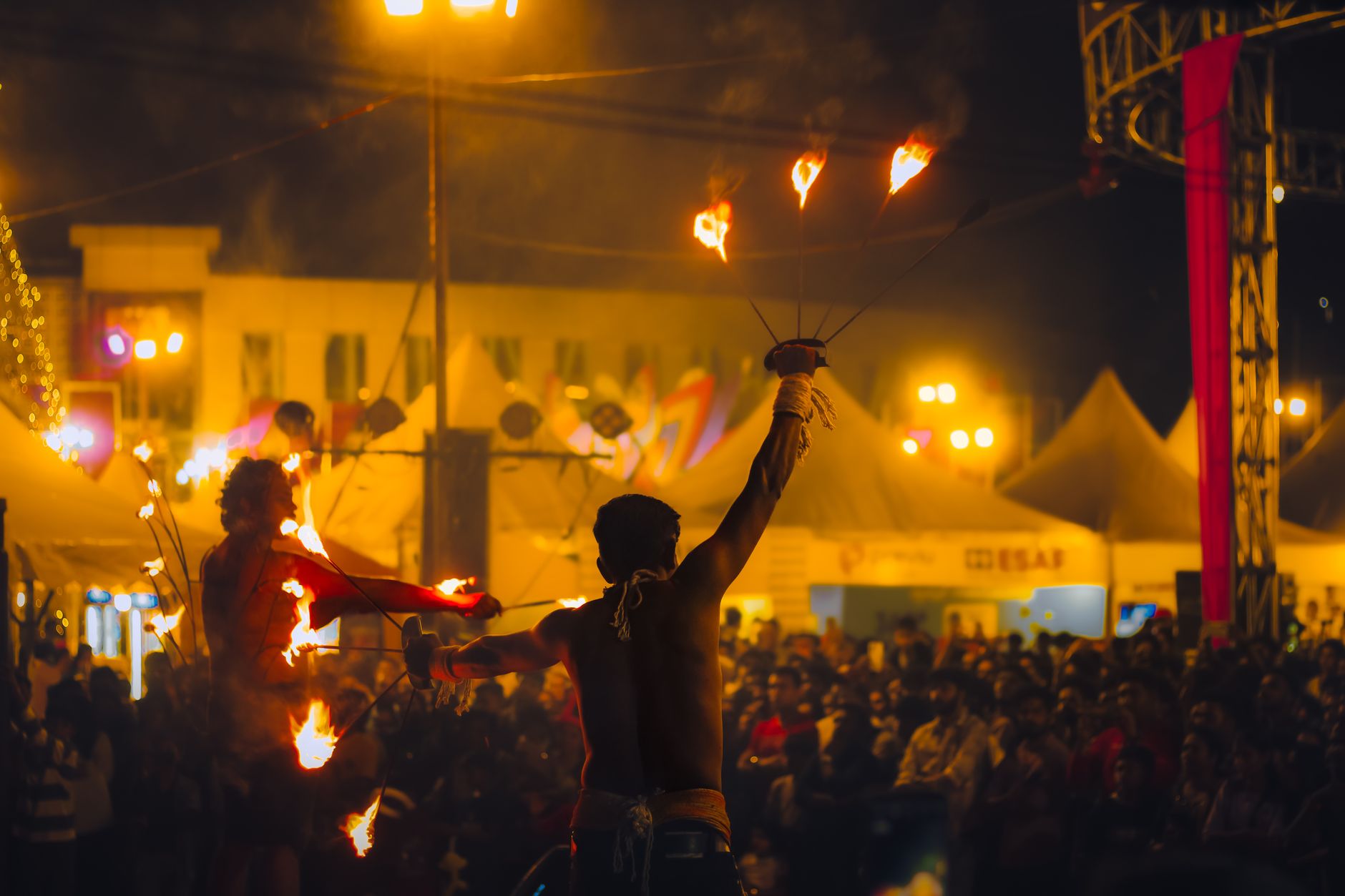 A performer mid-act at Phare, the Cambodian Circus.