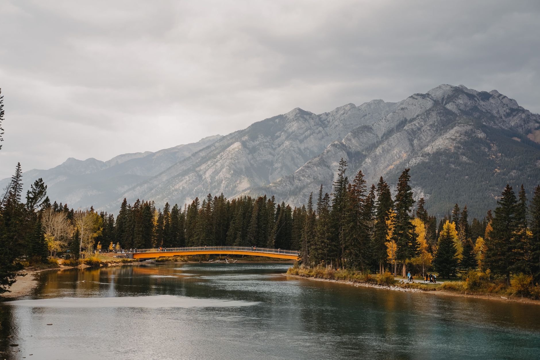 Banff townsite framed by the Bow River and Cascade Mountain in early autumn light
