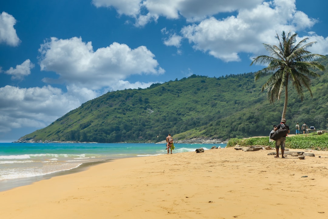 Calm turquoise water and palm trees along Bang Tao beach in Phuket