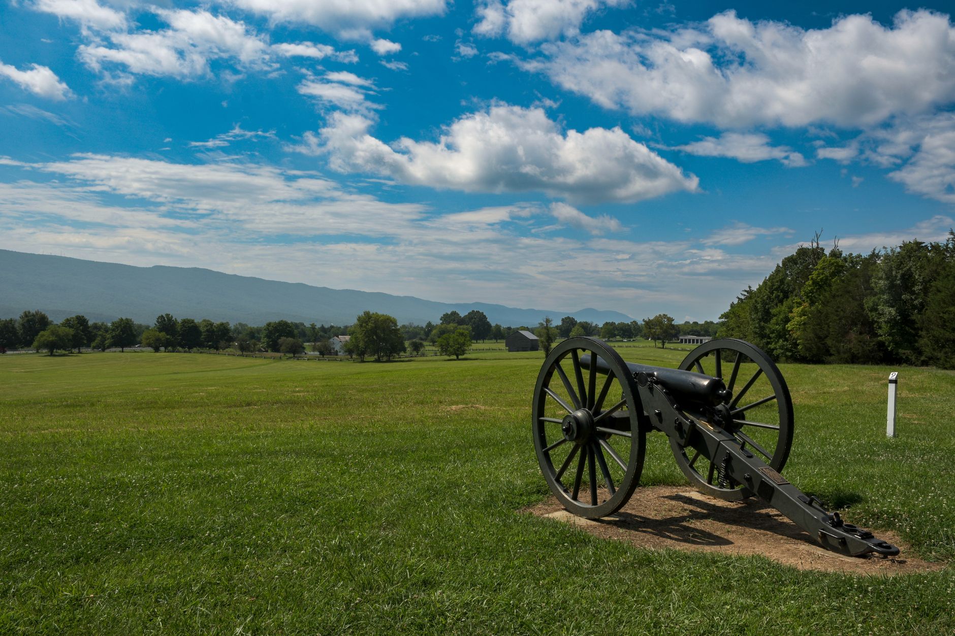 Cannons in a misty field at Cedar Creek Battlefield in the Shenandoah Valley