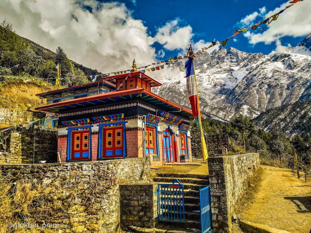 Flat-roofed houses and frost-stiffened prayer flags at Dharapani.