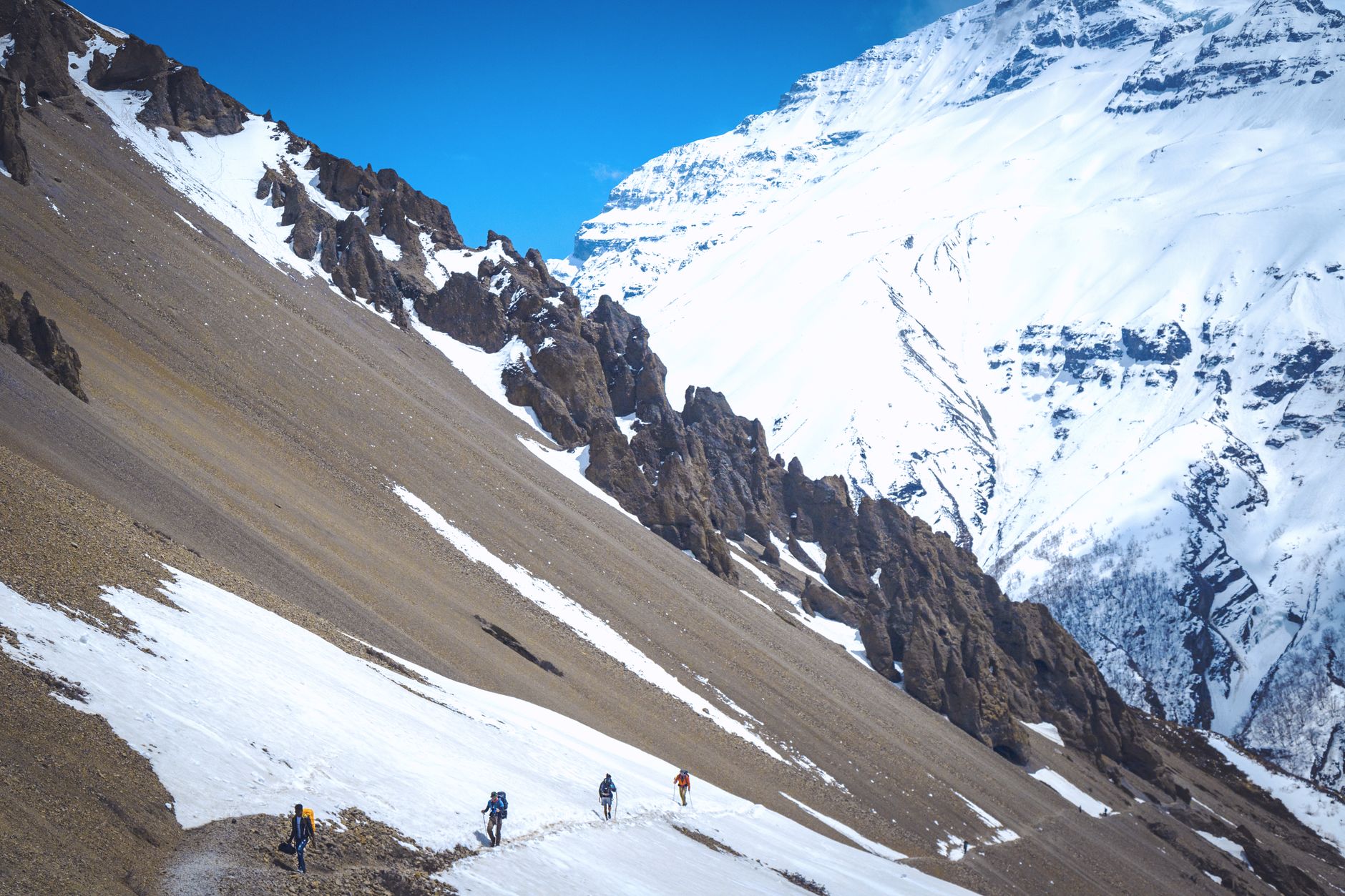 Fresh snow over the approach to Thorong La, the point where the circuit turned back.