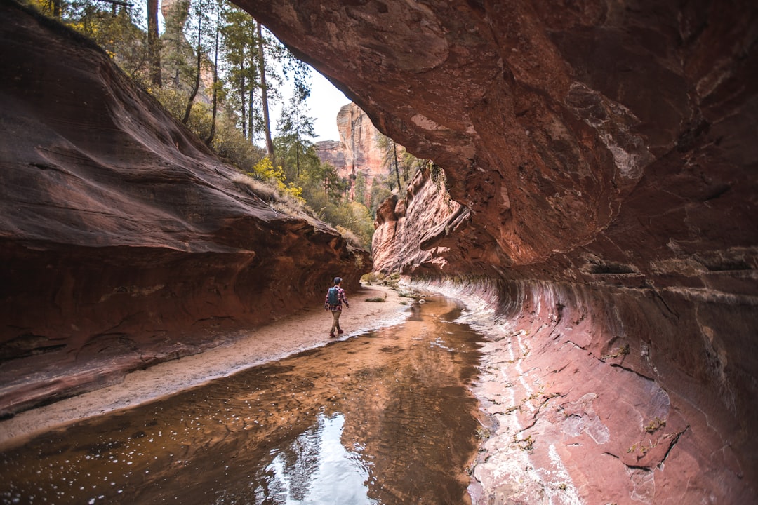 Hiker wading through the Zion Narrows slot canyon