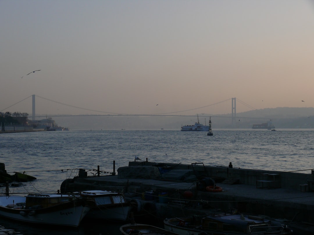 Istanbul skyline and Bosphorus strait seen through winter mist