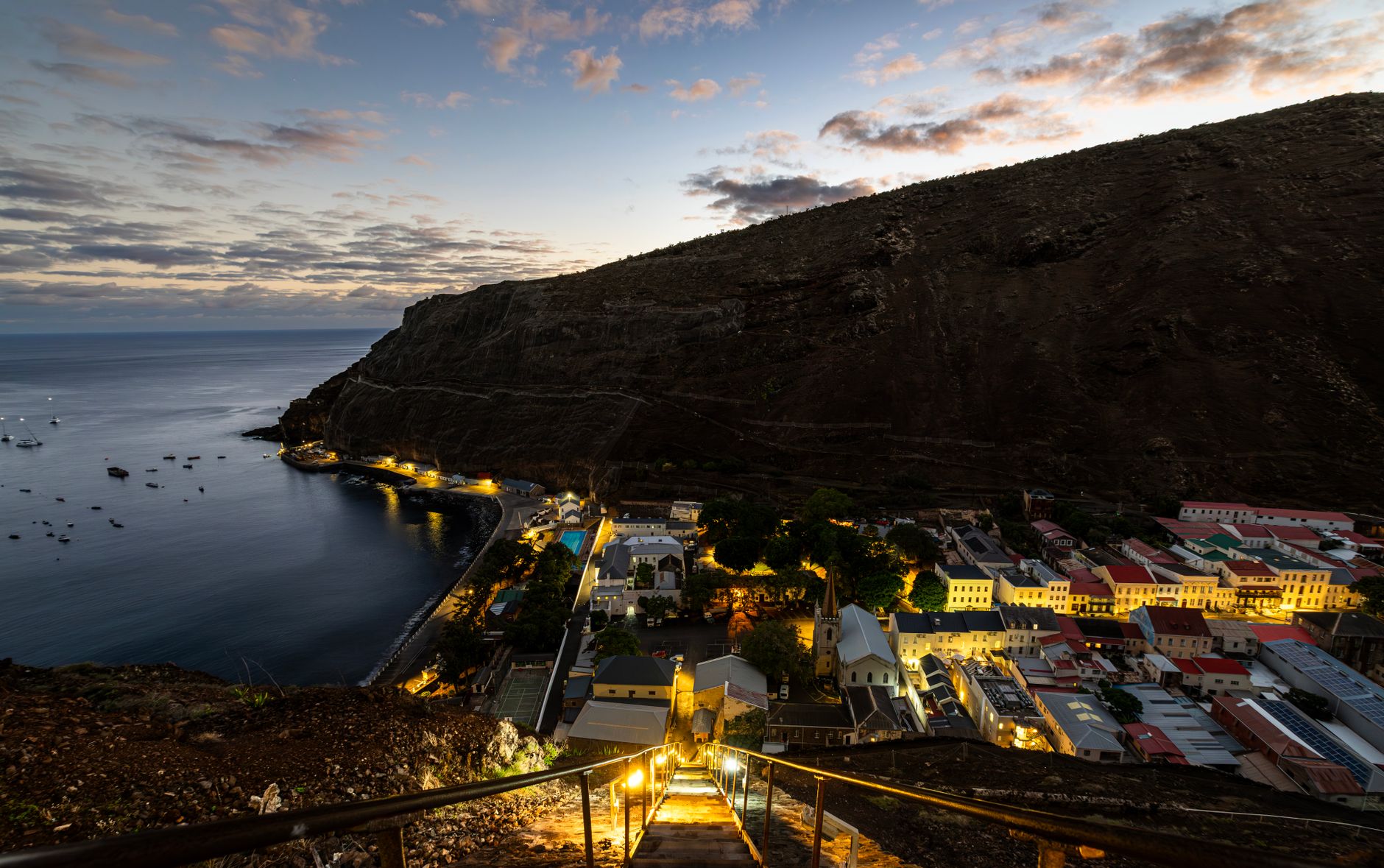Jamestown, St Helena, with Jacob's Ladder's 699 steps climbing the valley behind the town.