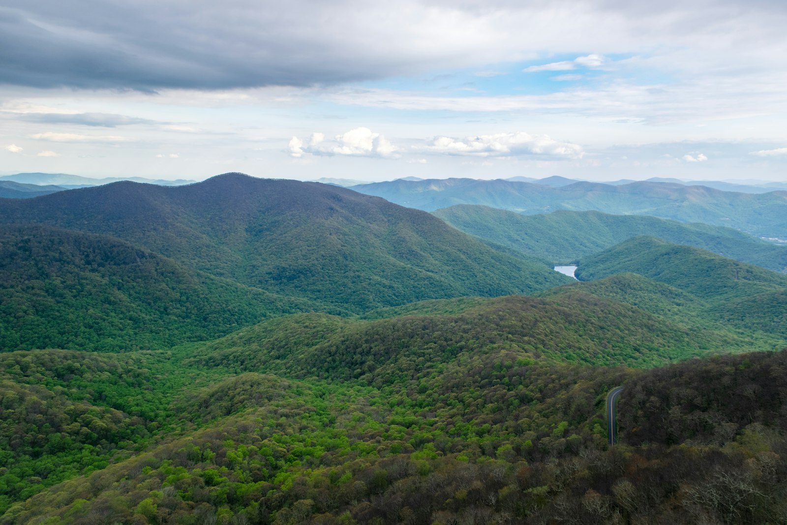 Misty mountain overlook along the Blue Ridge Parkway in spring
