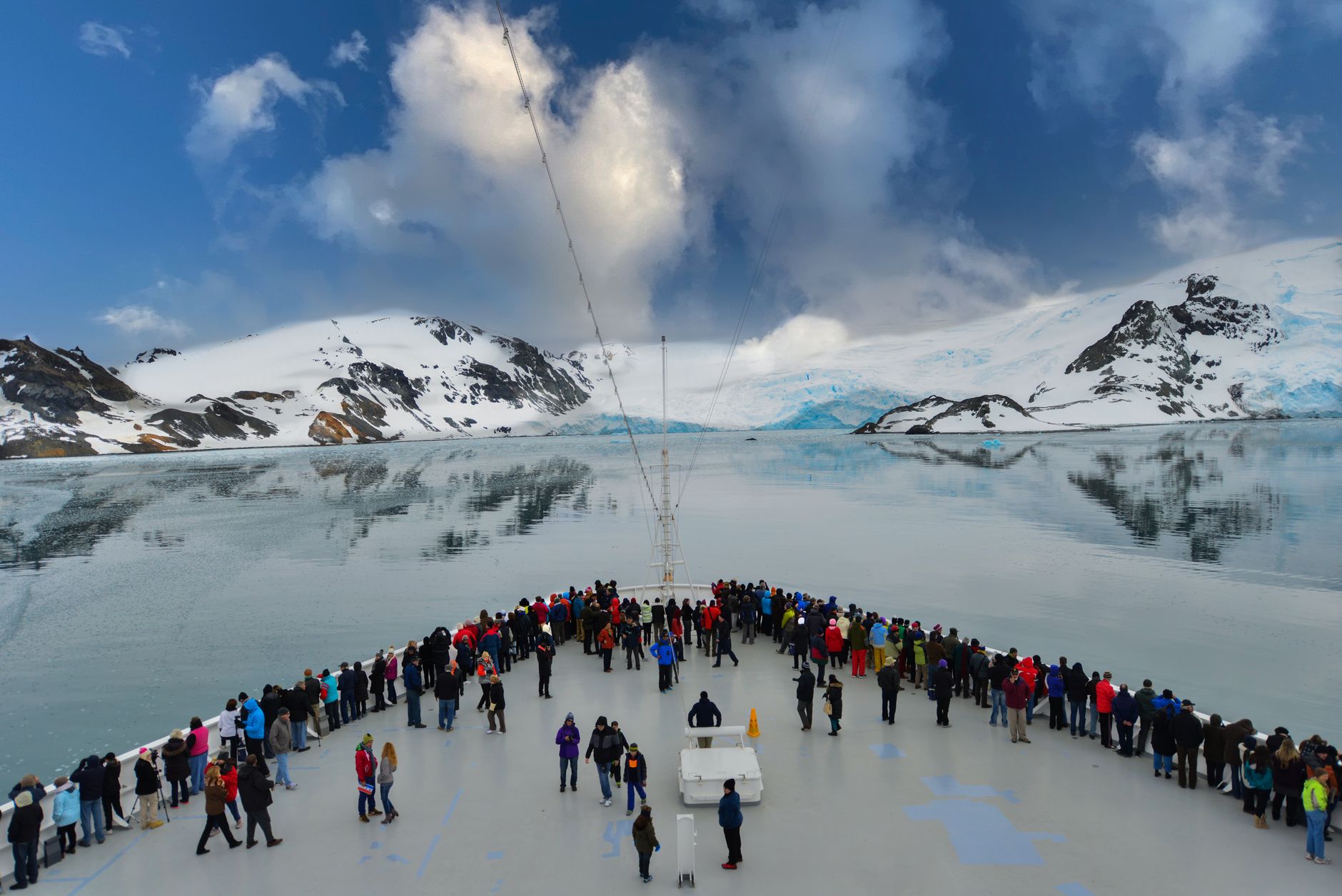 Quark Expeditions' Ultramarine anchored in the Gerlache Strait at the edge of Wilhelmina Bay.