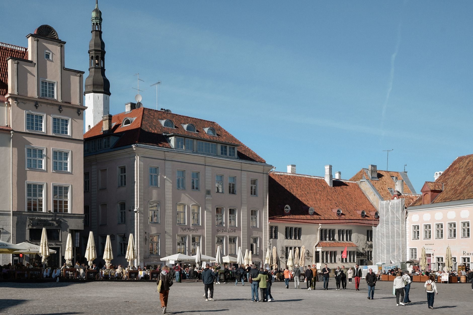 Raekoja Plats, Tallinn's central square, framed by the Gothic Town Hall and pastel merchant houses.