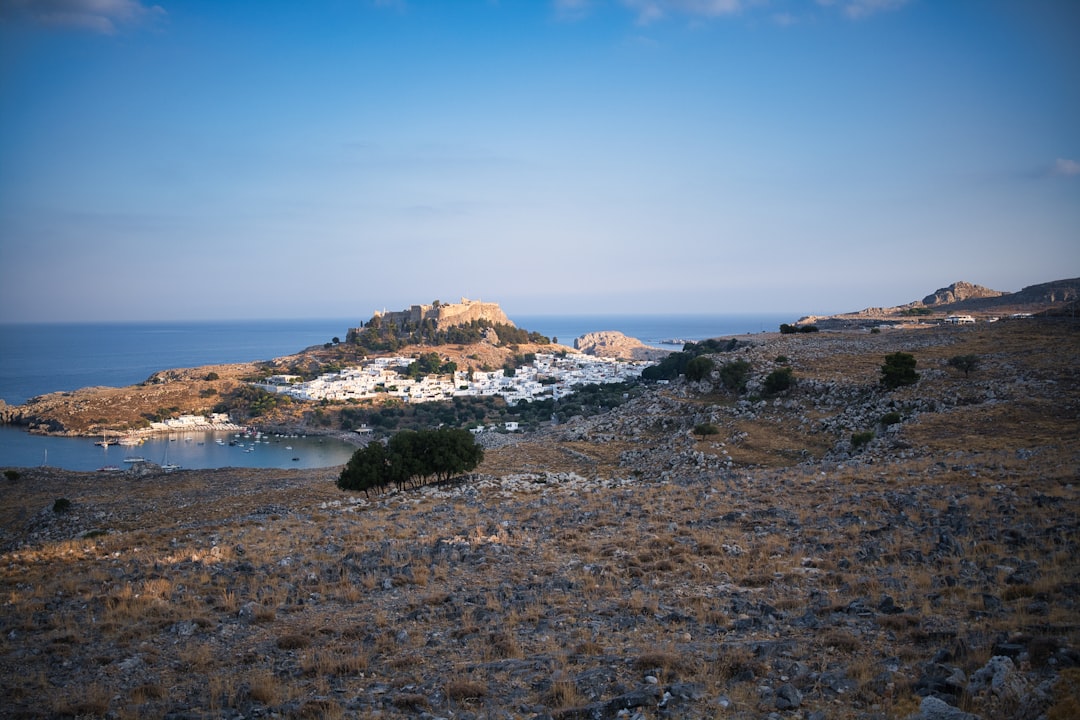 Serene Mediterranean seascape with Greek island coastline in off-season