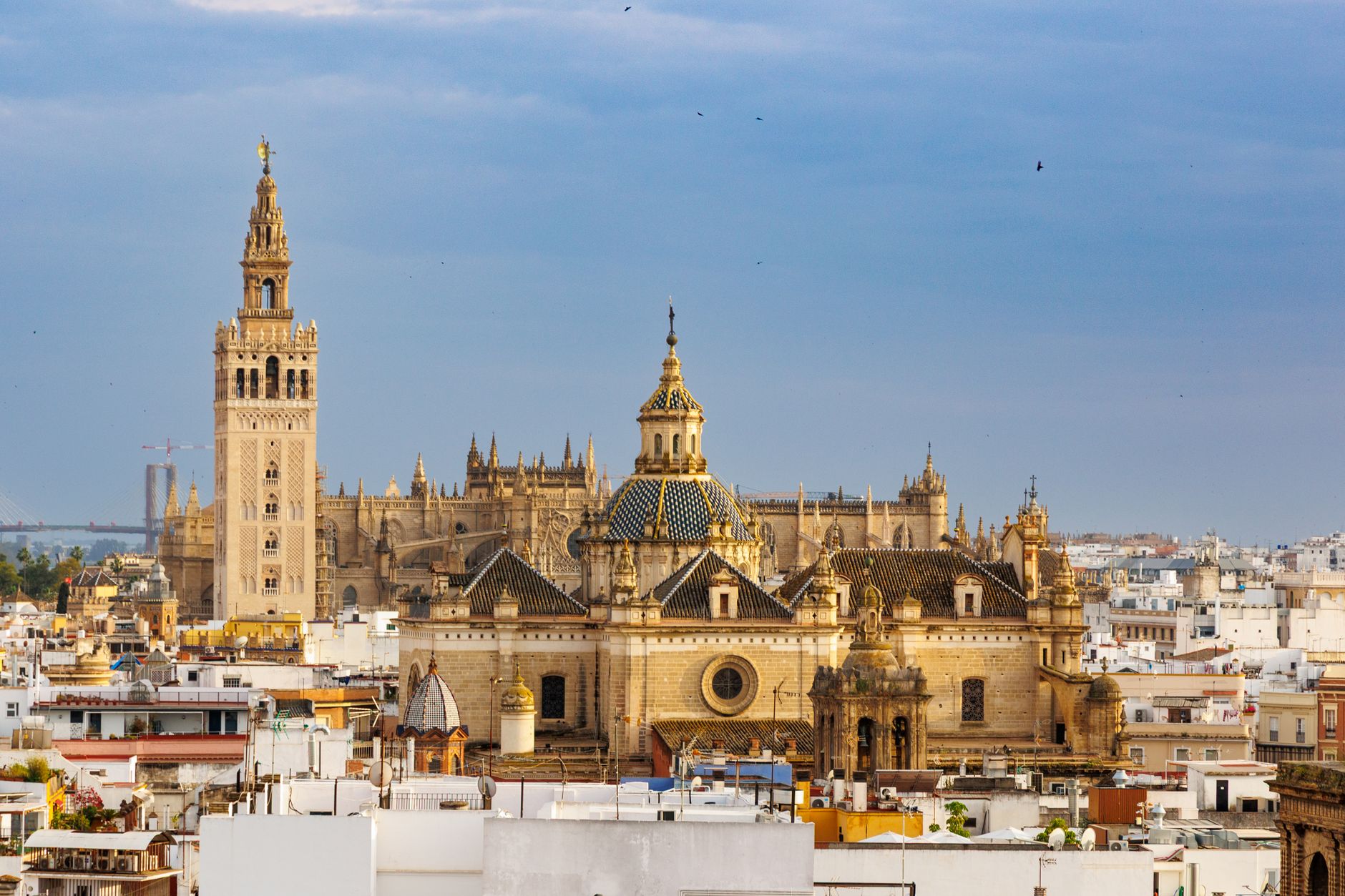 Seville Cathedral and the Giralda tower glowing at sunset