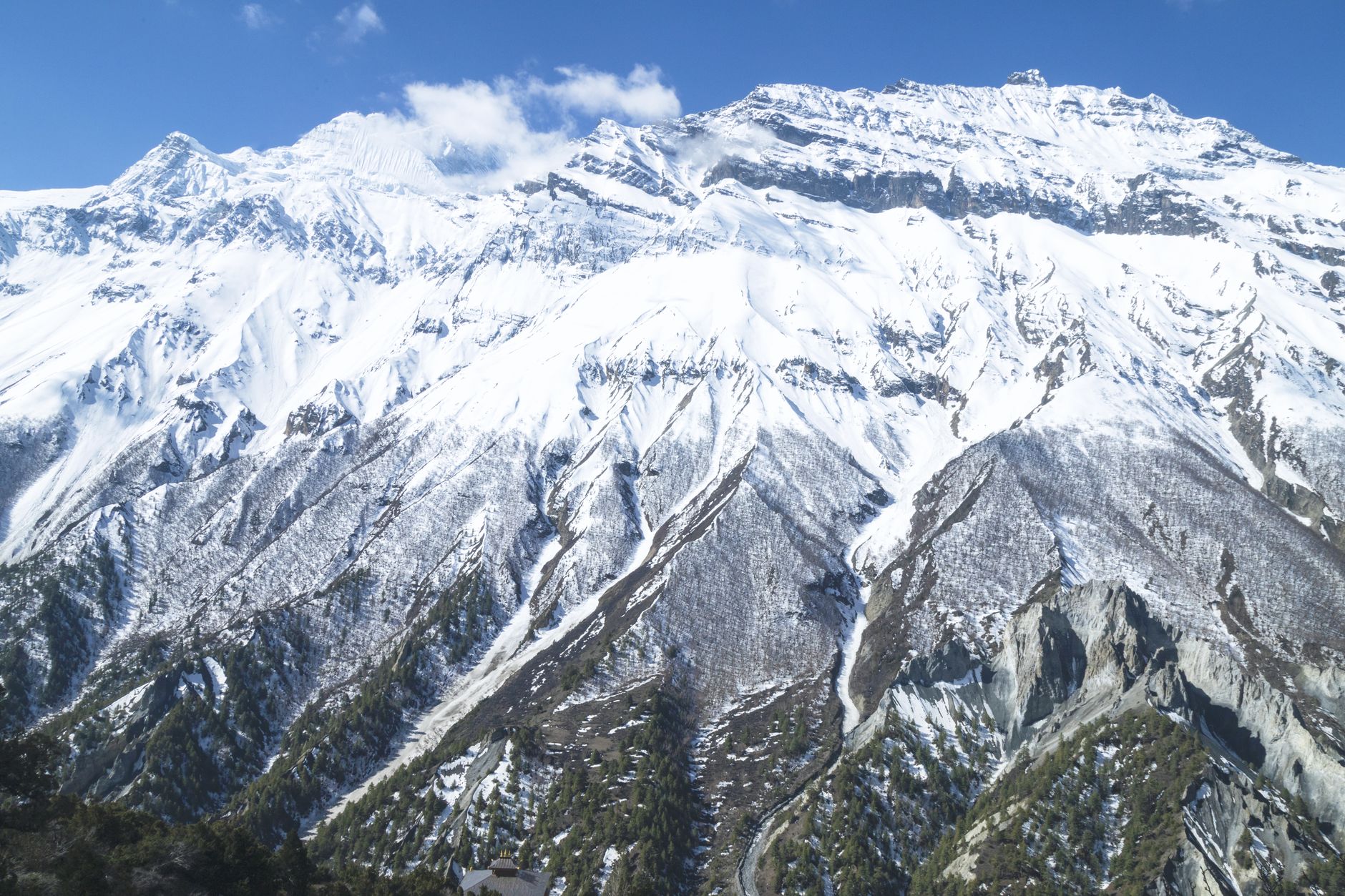 Snow-covered peaks of the Annapurna range seen from the village of Manang in winter