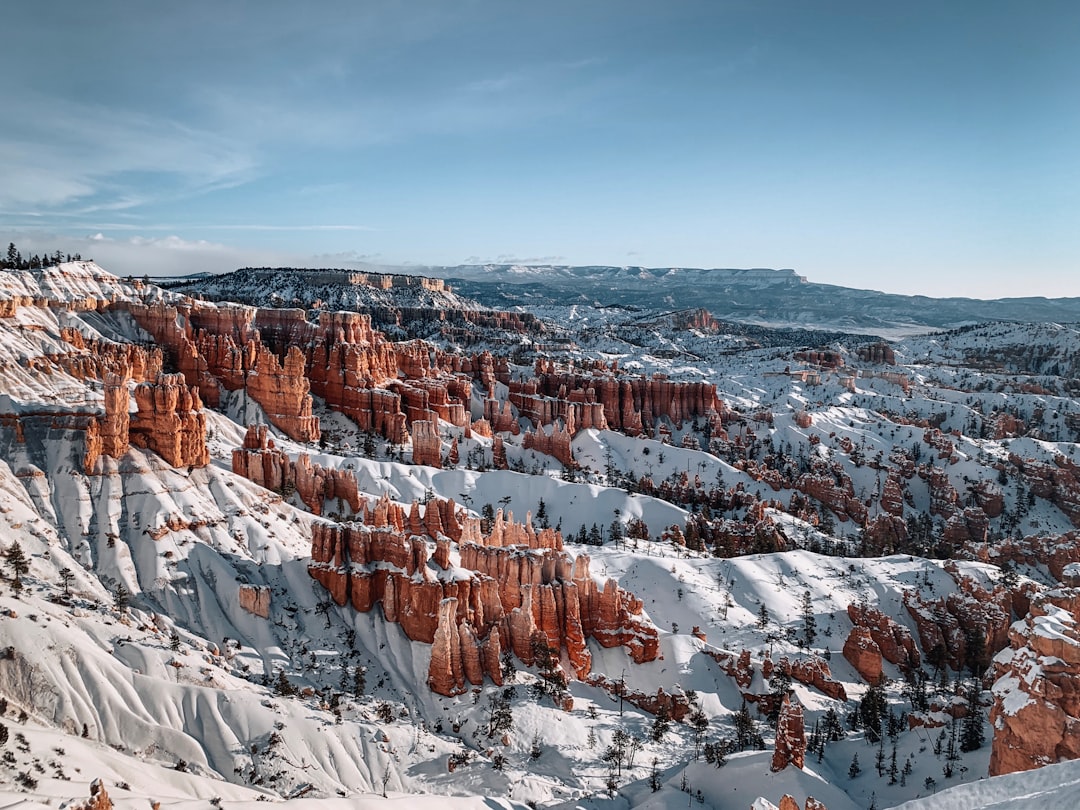 Snow-dusted hoodoos in Bryce Canyon Amphitheater at sunrise.