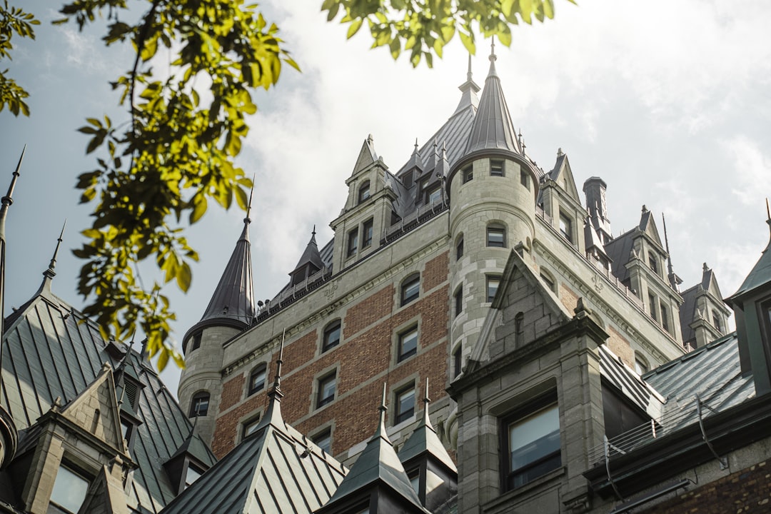 The Château Frontenac's copper turrets, seen from below on Rue des Carrières.
