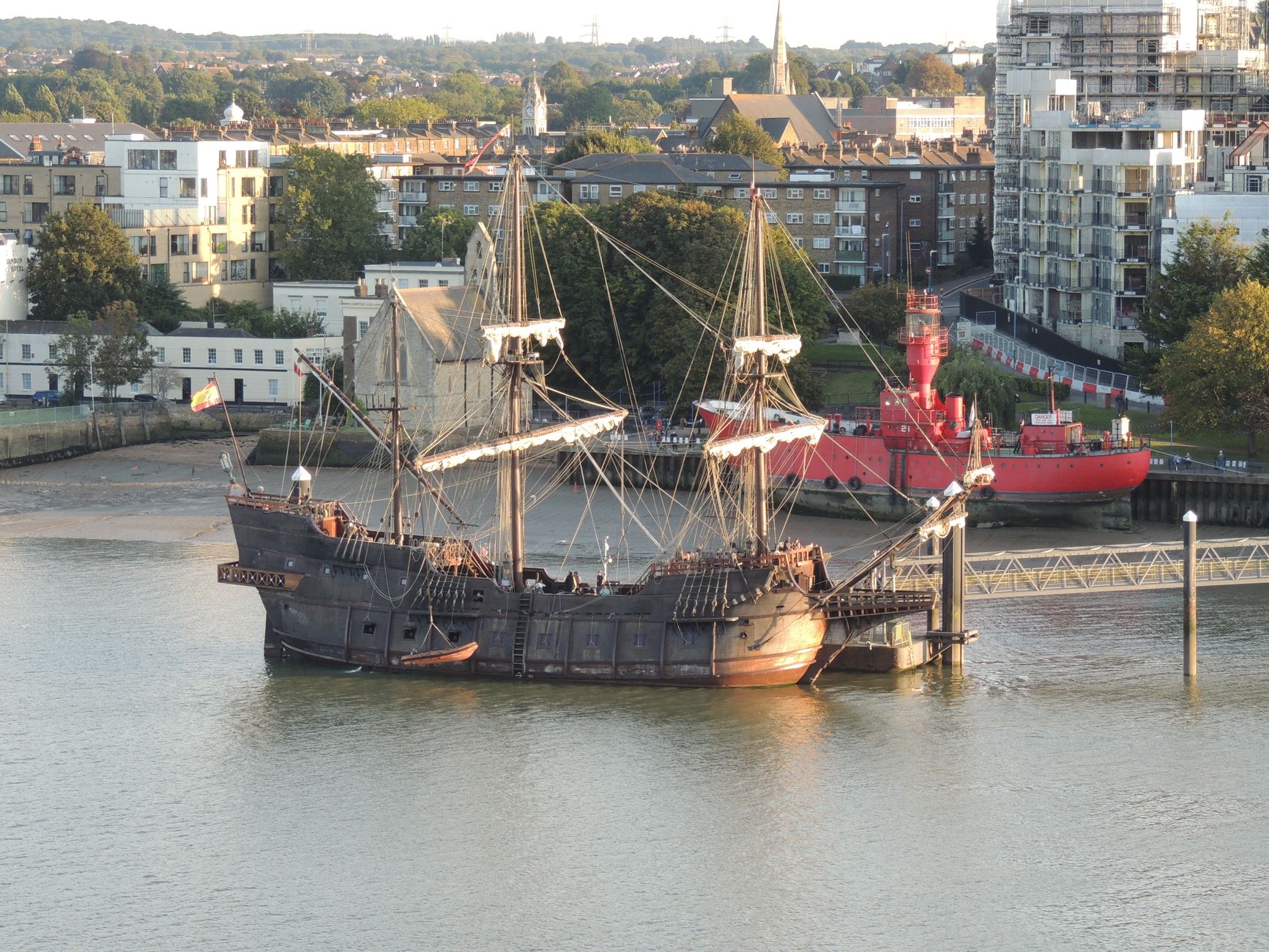 The historic Cutty Sark ship in dry dock at Greenwich, London, on a winter evening