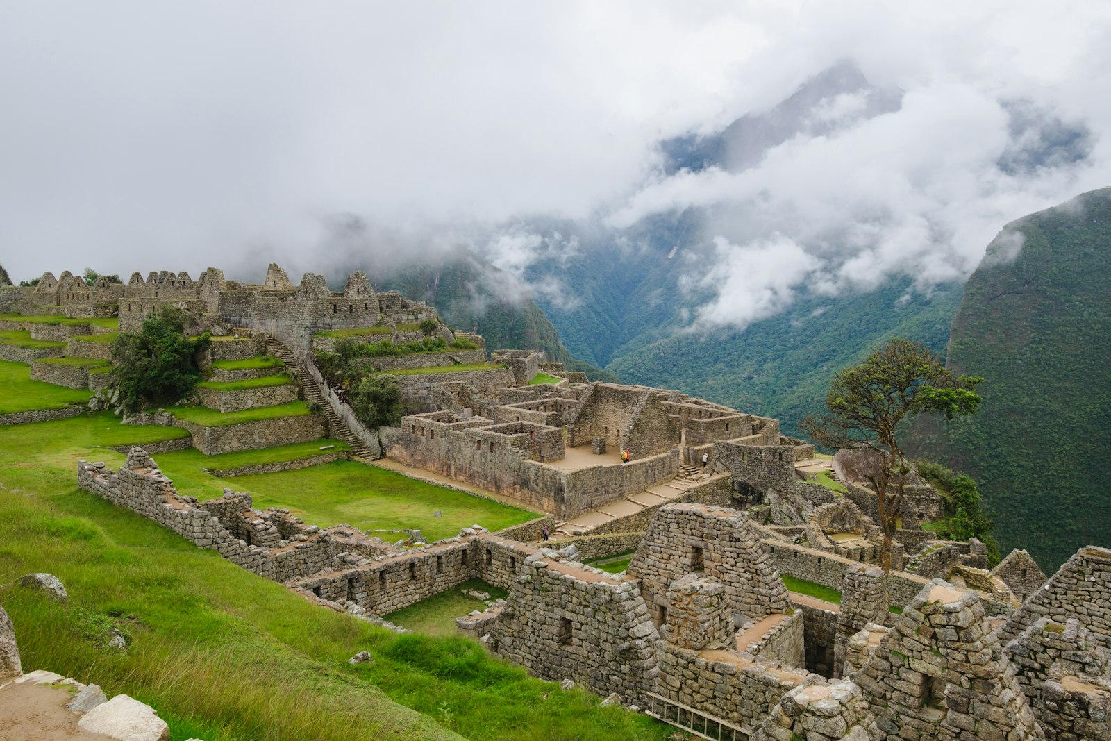 The main plaza at Choquequirao, with cleared Inca structures framed by cloud forest.