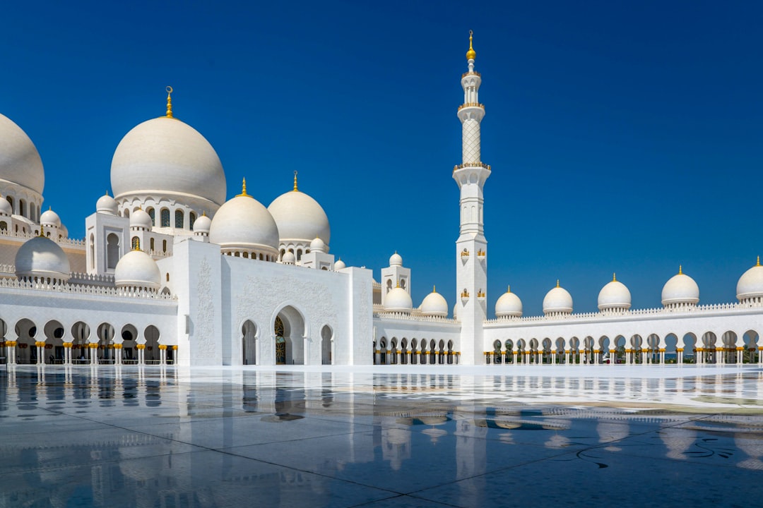 The marble courtyard of Abu Dhabi's Sheikh Zayed Grand Mosque, completed in 2007, is inlaid with floral patterns that change color as the light shifts.
