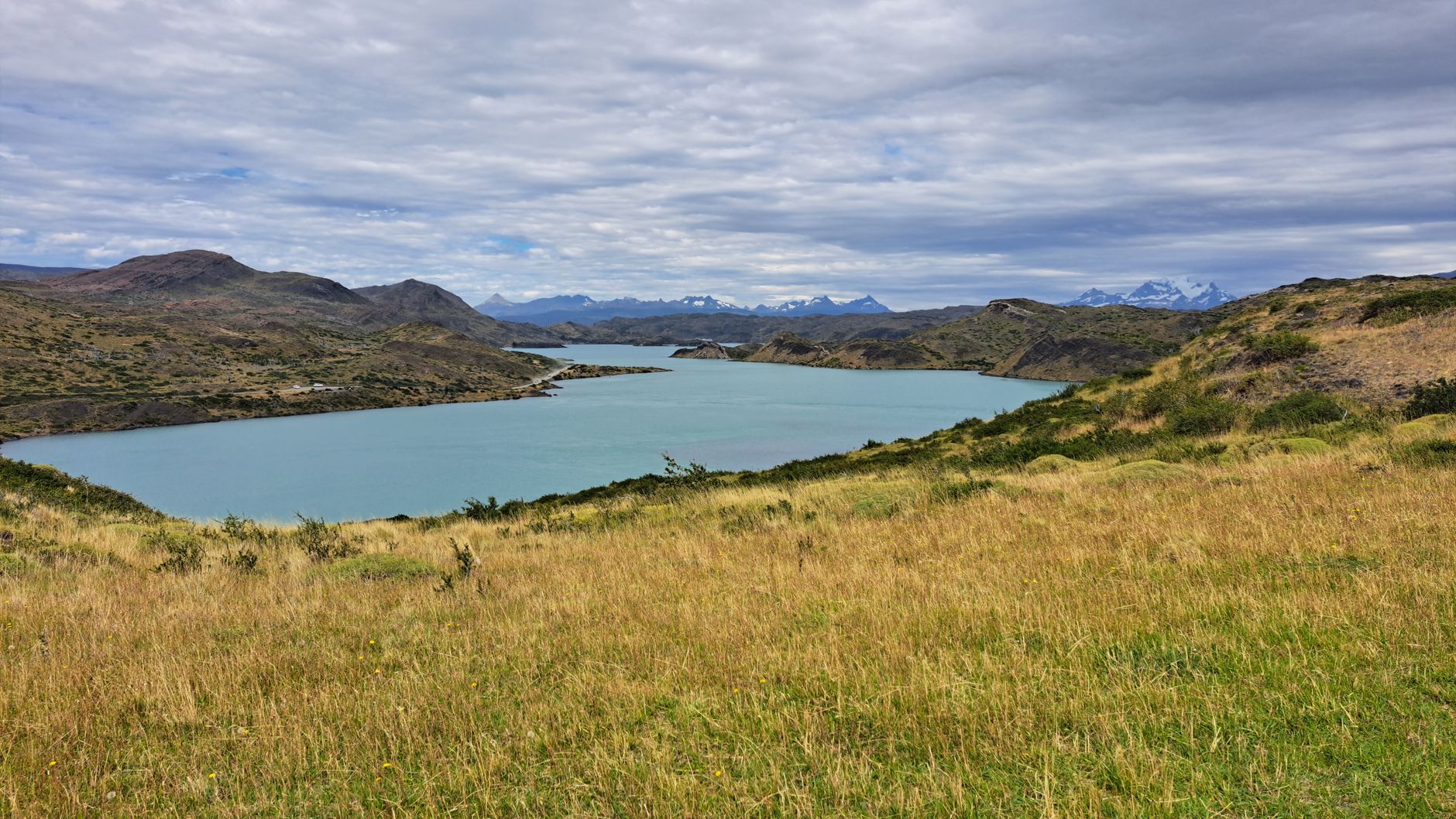 The Pudeto-to-Paine Grande catamaran crossing Lago Pehoé, roughly 25-30 minutes each way.