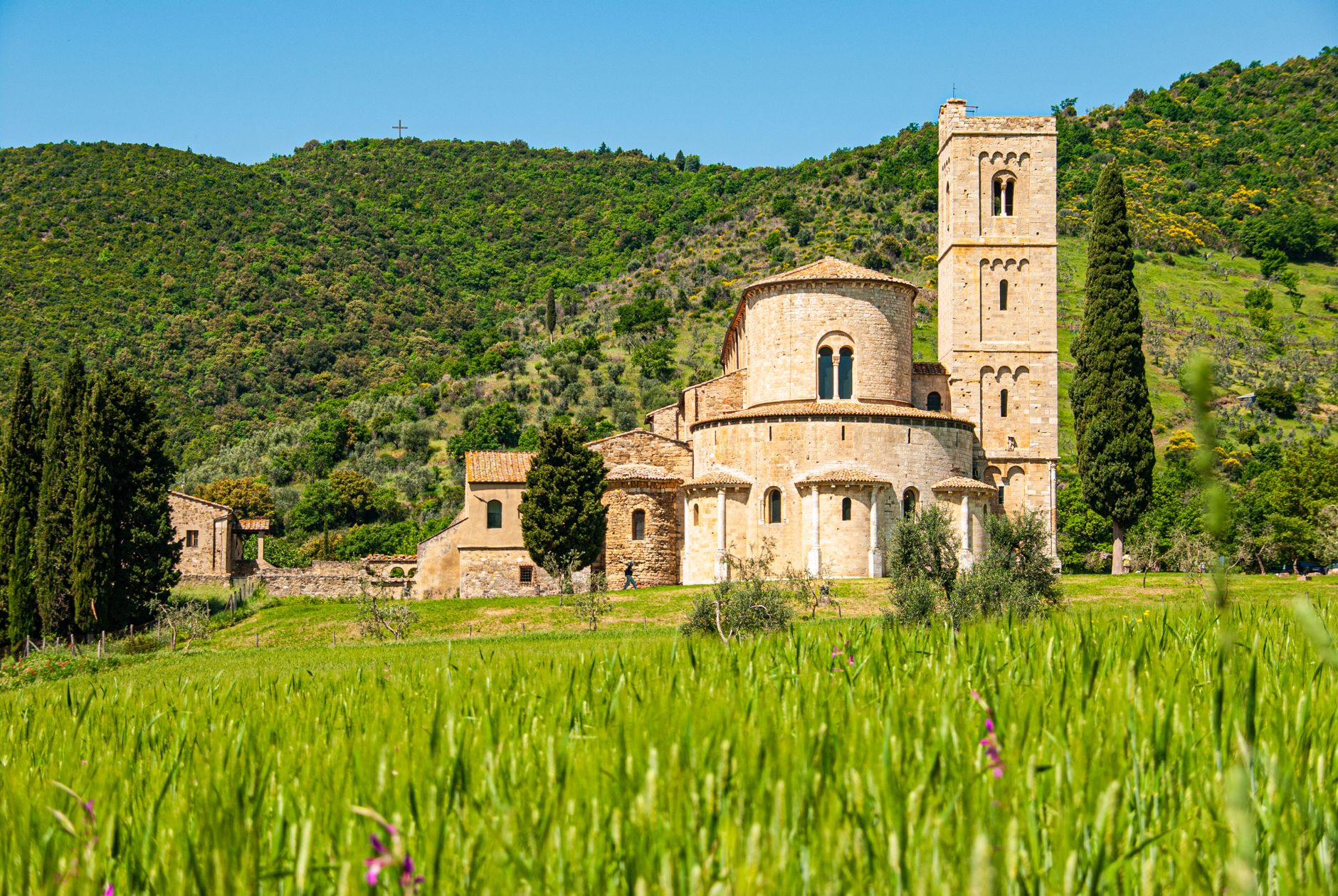 The Romanesque Abbazia di Sant'Antimo, roughly 10 kilometers south of Montalcino's town center.