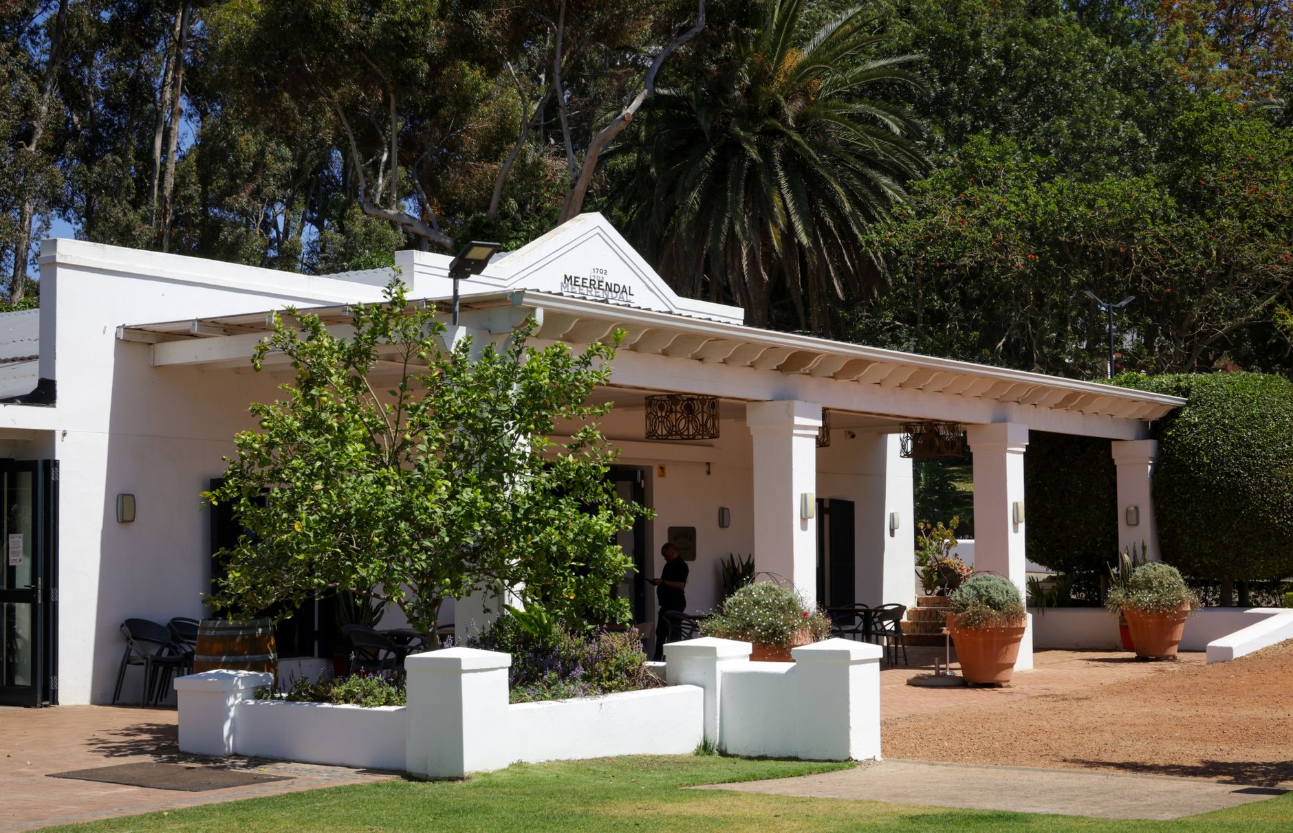The terrace at Delaire Graff overlooks the Banghoek Valley from the top of the Helshoogte Pass.