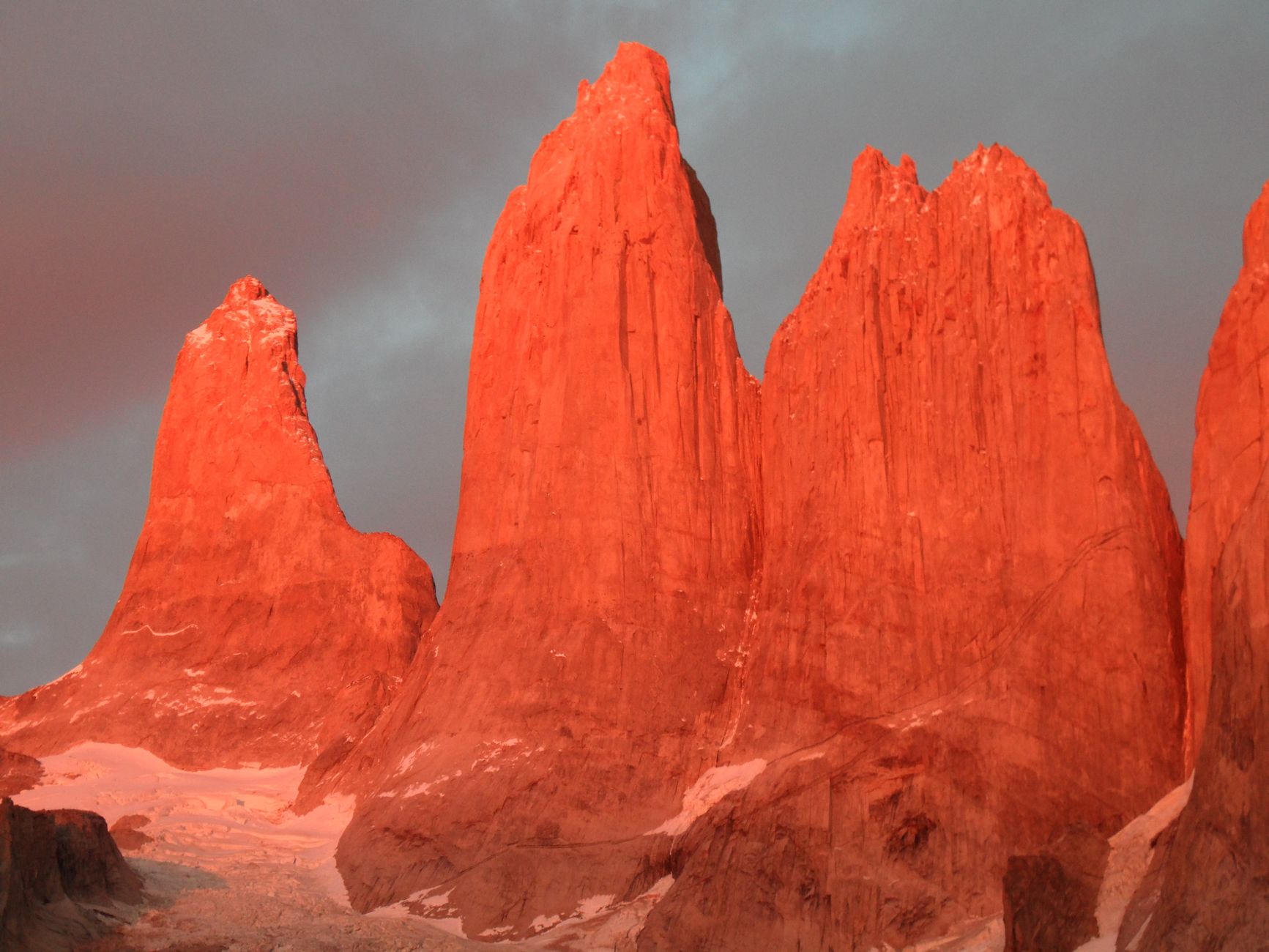 The three towers seen from Mirador Las Torres after the final moraine scramble.