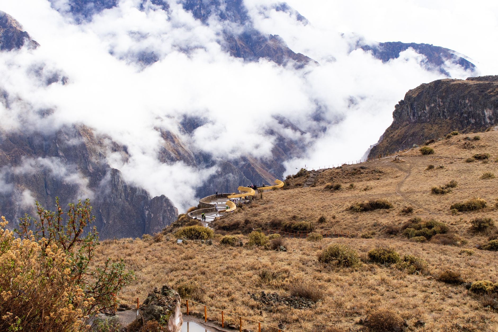 The trail drops nearly 1,500 meters into the Apurímac canyon before climbing back out toward the ruins.