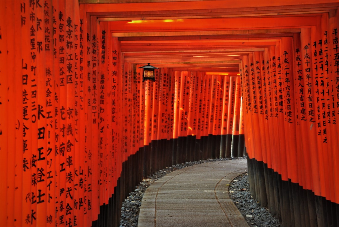 The upper stretch of Fushimi Inari's gate tunnels, thinned out well past the base of the mountain.