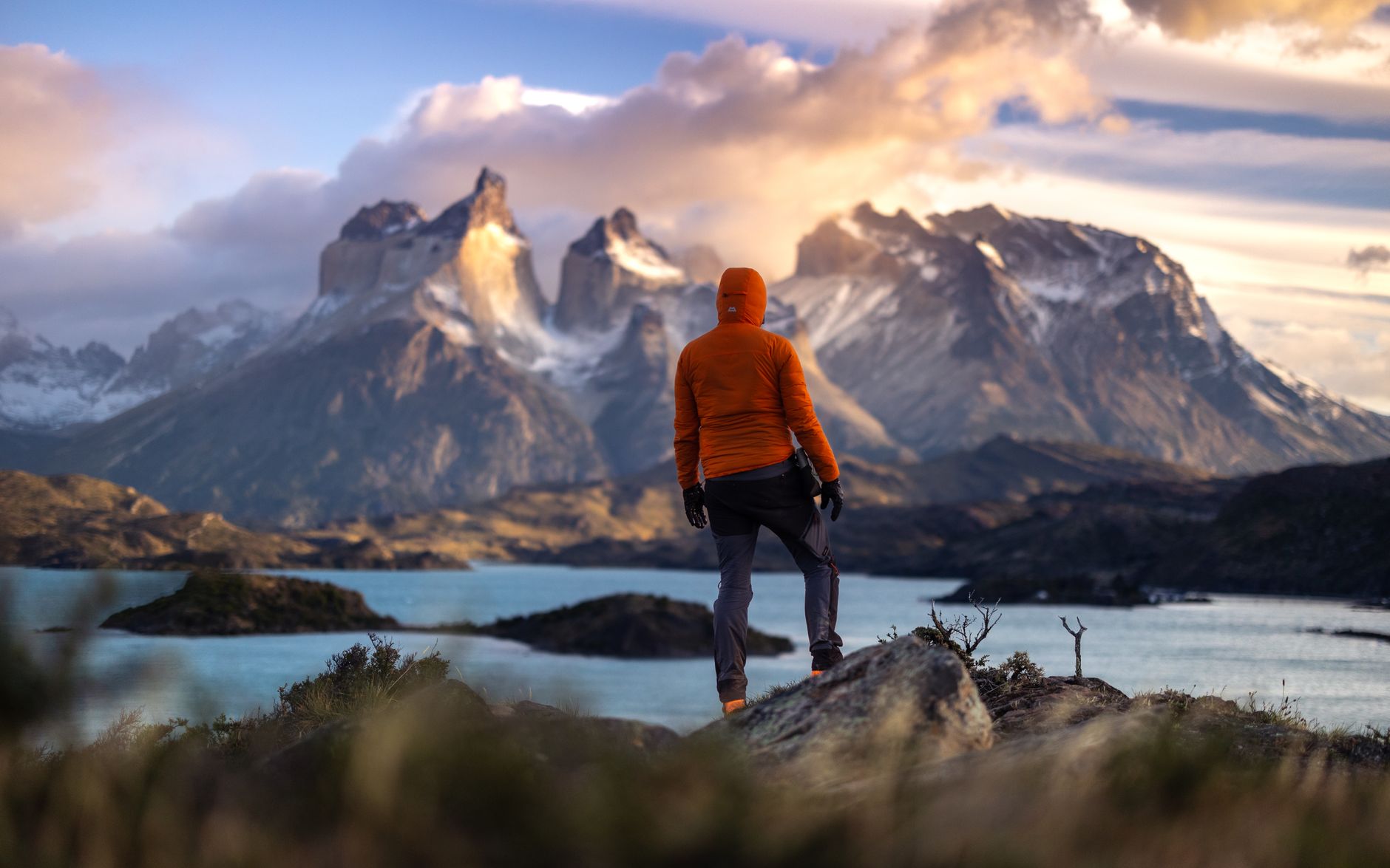 Torres del Paine granite towers at sunrise reflected in a lake