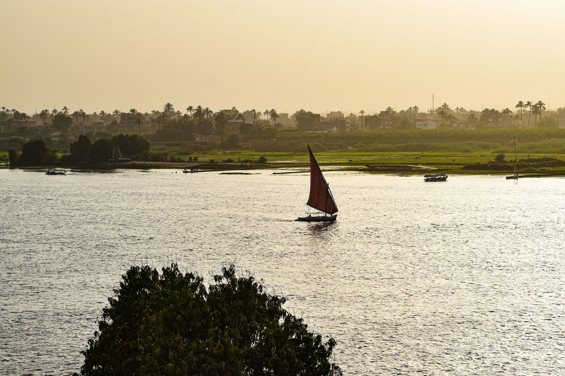 Traditional Egyptian dahabiya sailboat with white lateen sails on the Nile River