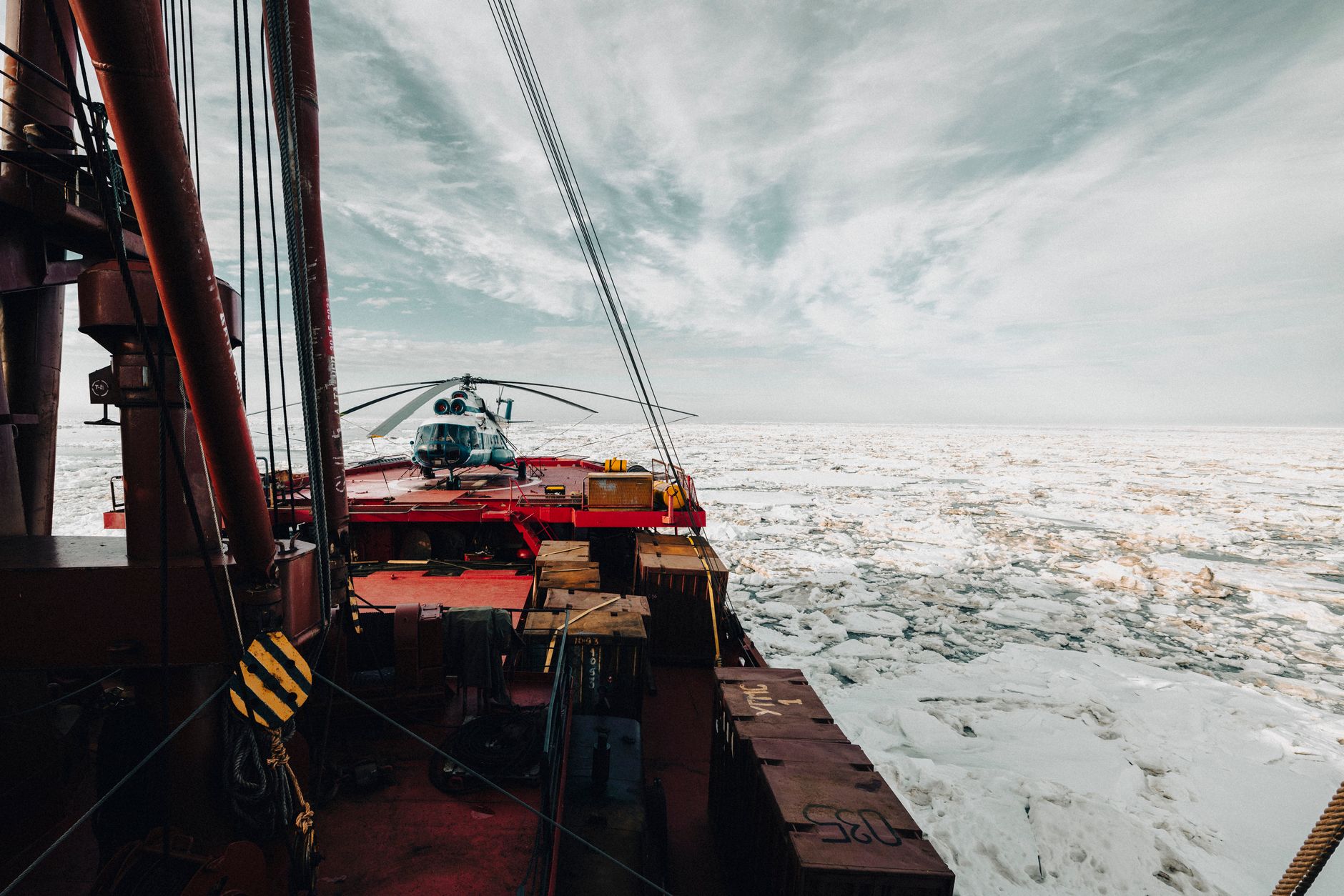 Ultra-luxury icebreaker expedition ship navigating pack ice in the Weddell Sea, Antarctica